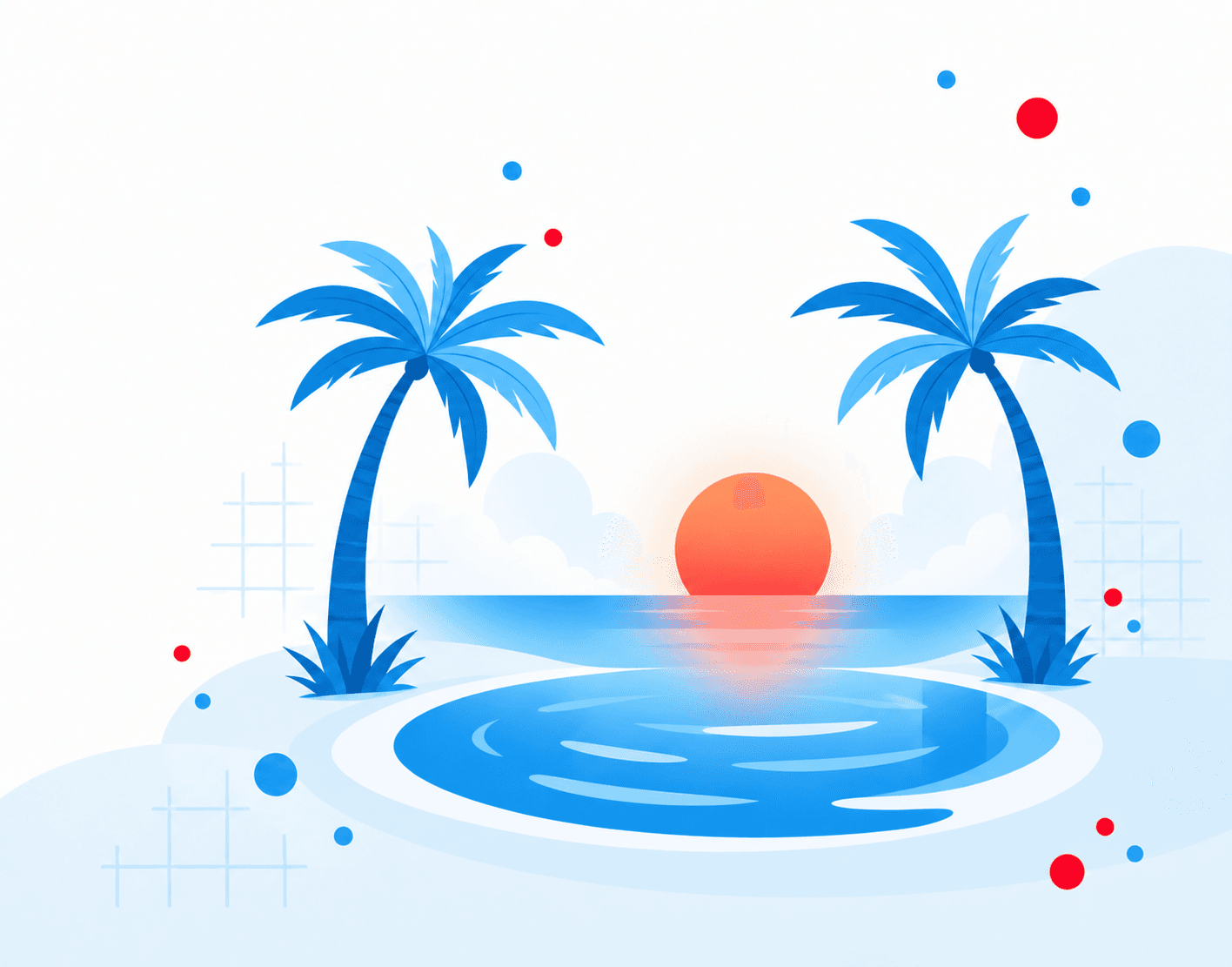 ヤシの木の間に夕日と水辺が広がるnet-oasisのイラスト